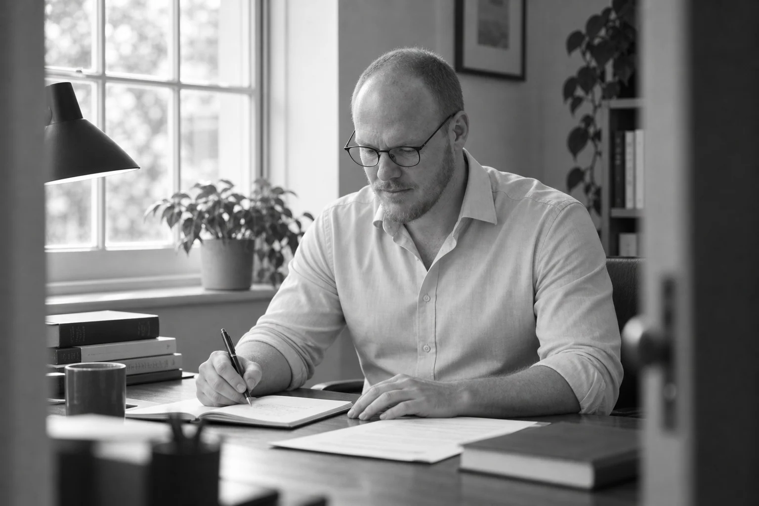 Black-and-white photograph of Daniel Brownlie preparing notes beside a window