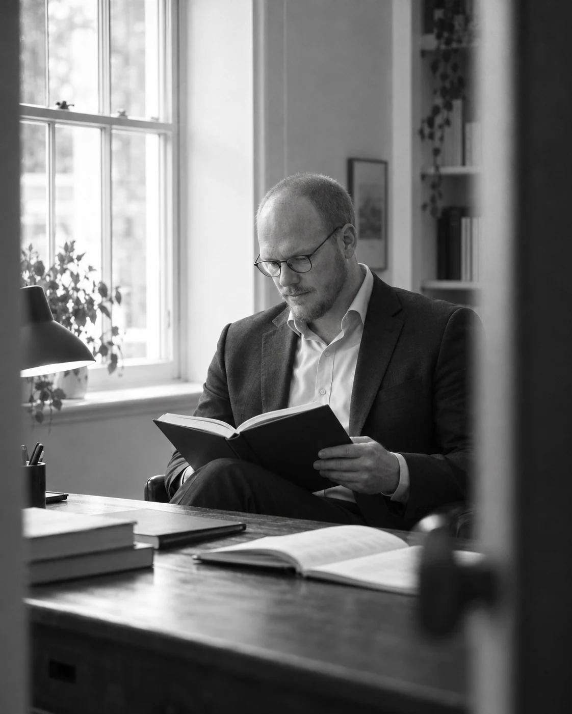Black-and-white portrait of Daniel Brownlie reading beside a window