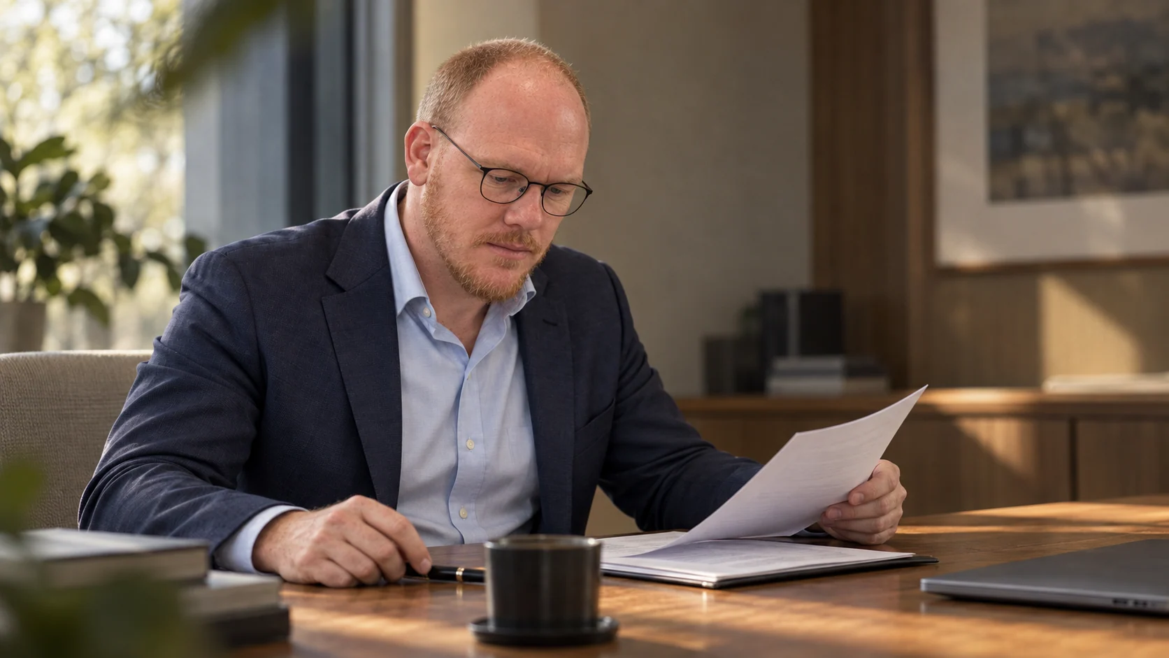 Daniel Brownlie reviewing documents in warm afternoon light